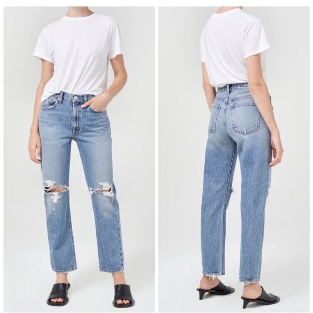 Agolde Light Blue Distressed High-Rise Straight Jeans